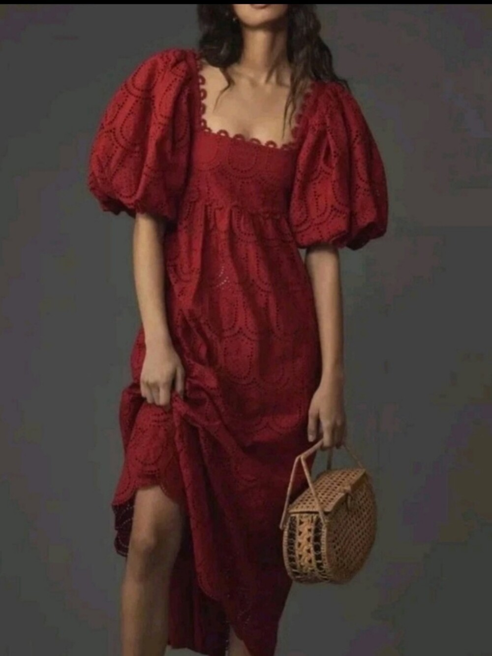 FARM Rio Crimson Eyelet Puff-Sleeve Midi Dress - Picture 3 of 5